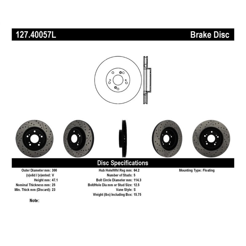 StopTech 02-06 Acura RSX Type S / 06-09 Honda Civic Si Slotted & Drilled Left Front Rotor