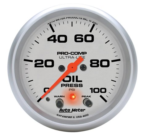 Autometer Ultra-Lite 66.7mm Oil Press 2 5/8in 100PSI Digital Stepper Motor w/ Peak & Warning Light