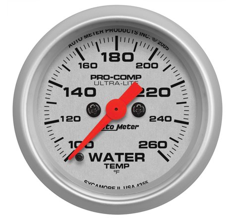 Autometer Ultra-Lite 52mm 100-260 degree F Full Sweep Electronic Water Temperature Gauge