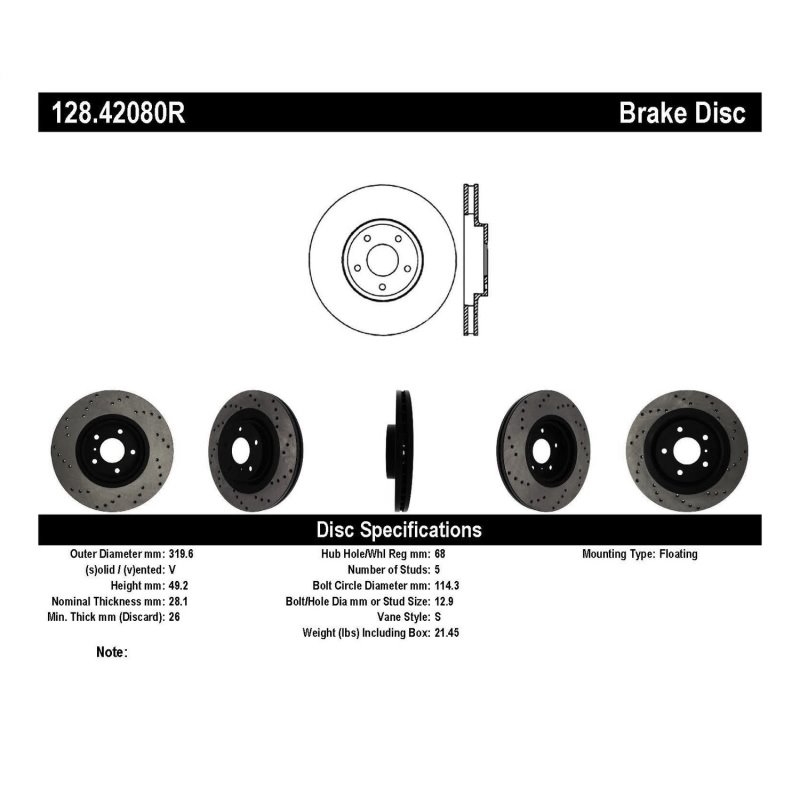 StopTech 08-09 Infiniti EX35 / 05-08 G35 / 09 G37 / 06-09 M35/M45 Drilled Right Front Rotor