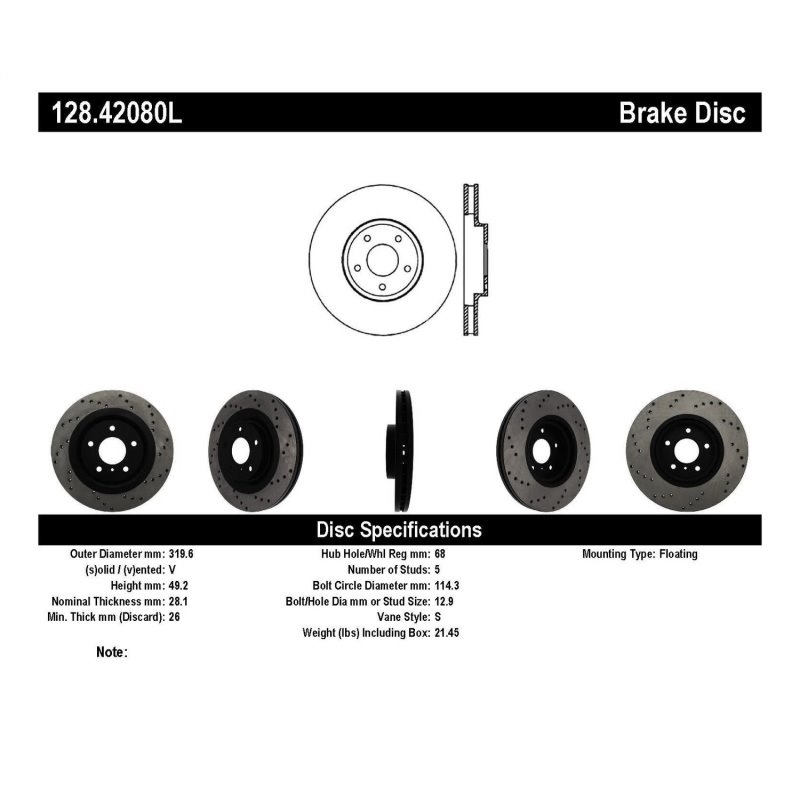 StopTech 08-09 Infiniti EX35 / 05-08 G35 / 09 G37 / 06-09 M35/M45 Drilled Left Front Rotor