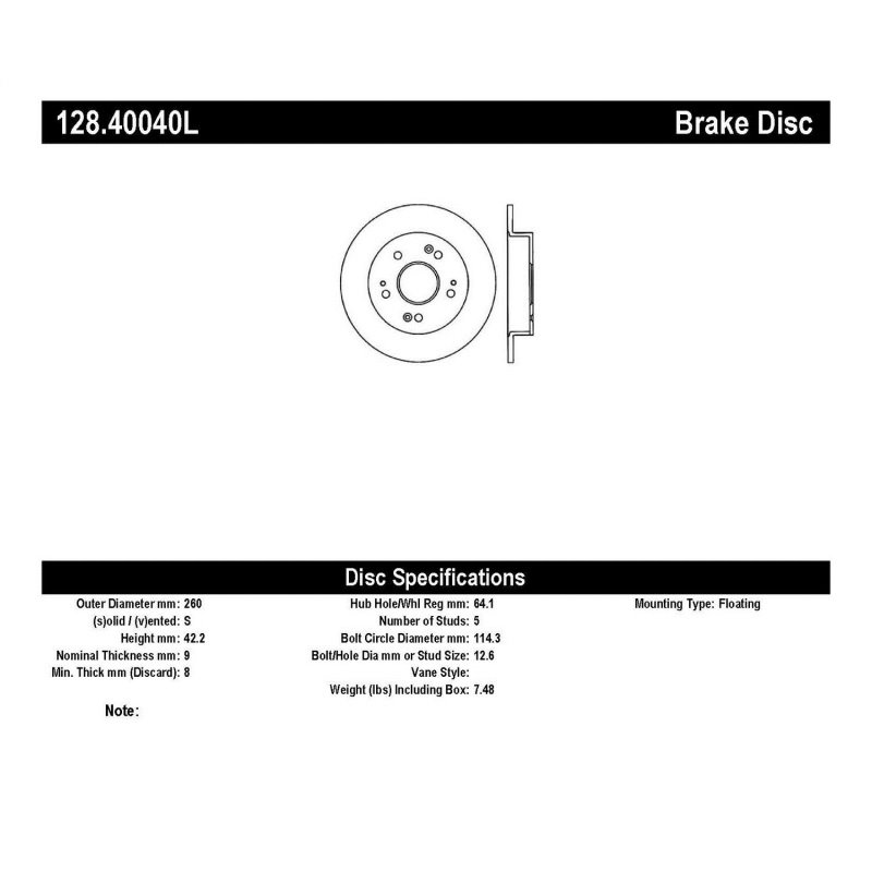 StopTech 06-07 Acura CSX (Canada) / 06-09 Honda Civic / 97-01 Prelude Drilled Left Rear Rotor