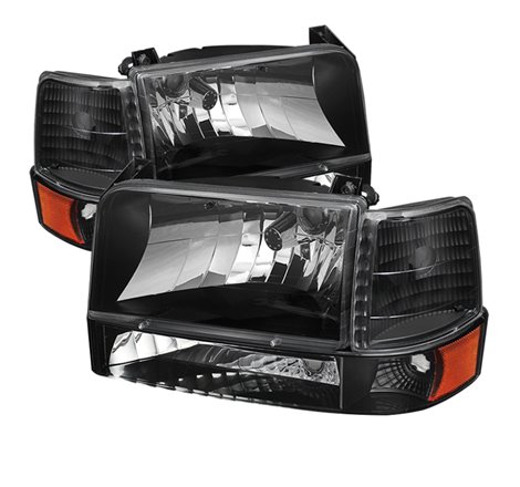 Xtune Ford F150/Bronco 92-96 Headlights w/Corner Bumper 6pcs Amber- Black HD-JH-FB92-SET-AM-BK