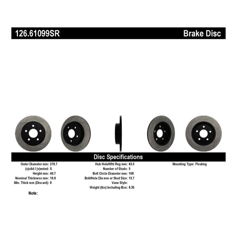 StopTech 13 Ford Focus ST Slotted Right Rear Rotor