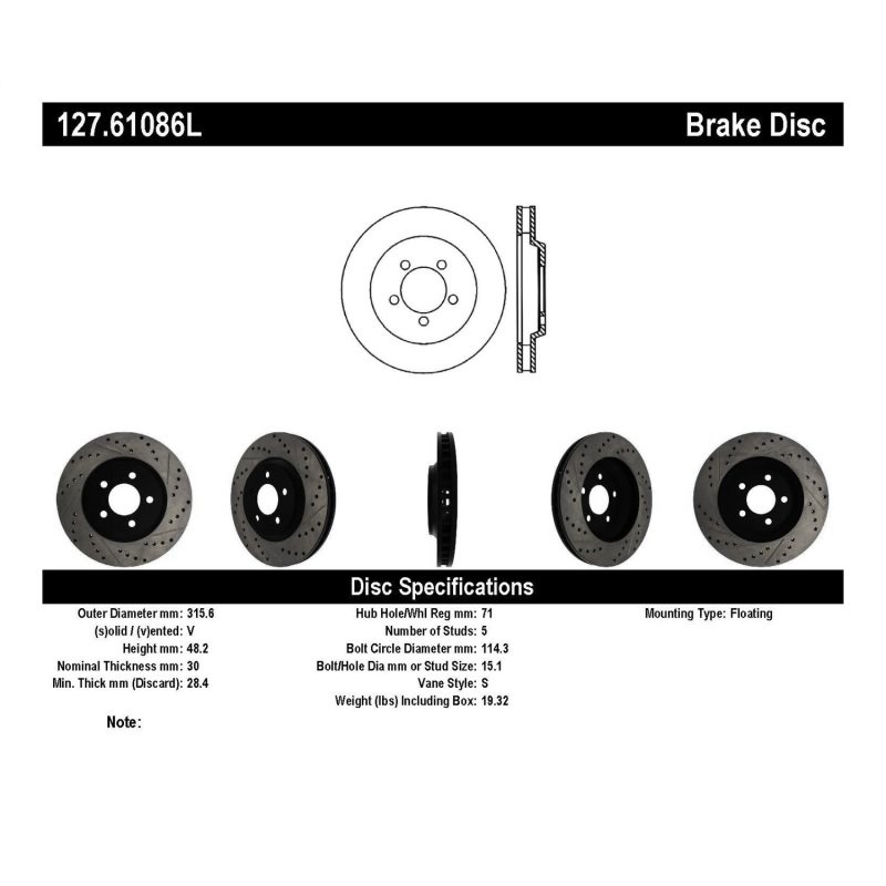 StopTech 05-10 Ford Mustang GT Front Left Slotted & Drilled Rotor