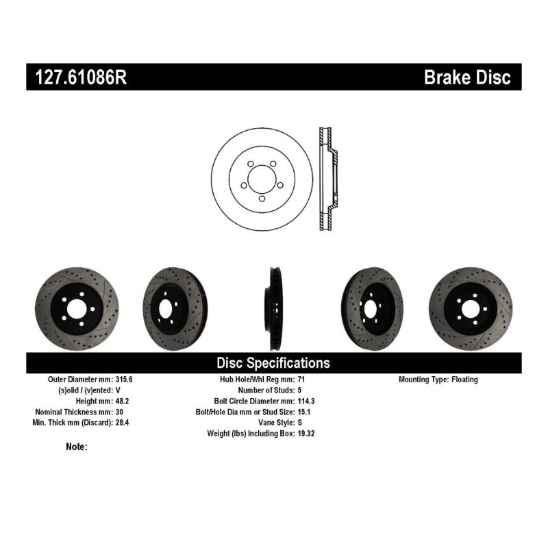 StopTech 05-10 Ford Mustang GT Front Right Slotted & Drilled Rotor