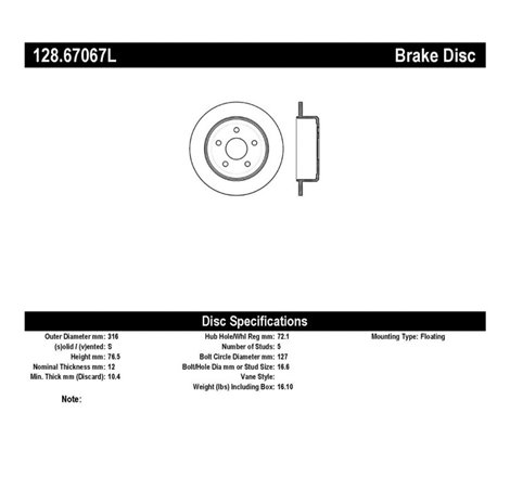 StopTech 12 Jeep Wrangler Rubicon Drilled Left Rear Rotor