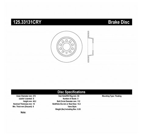 Stoptech 10-13 VW Golf/GTI/Jetta w/ 272mm Rear Disc Rear Premium High Carbon Cryo Brake Rotor