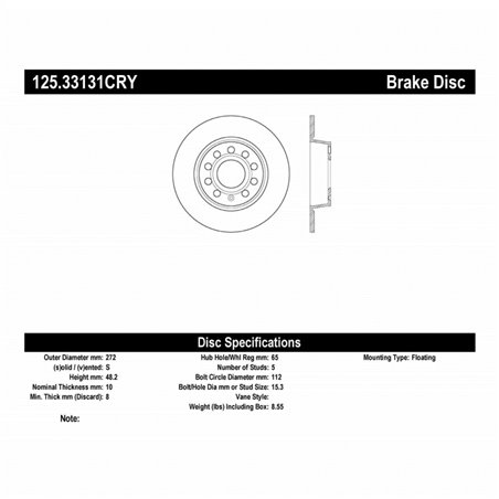 Stoptech 10-13 VW Golf/GTI/Jetta w/ 272mm Rear Disc Rear Premium High Carbon Cryo Brake Rotor