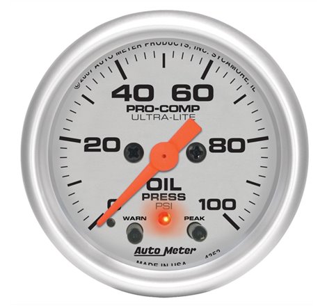 Autometer Ultra-Lite 52mm 0-100 PSI F/S Electronic Oil Pressure w/ Peak Memory & Warning Gauge