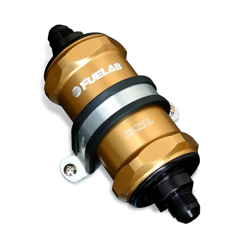 Fuelab 848 In-Line Fuel Filter Standard -8AN In/Out 10 Micron Fabric w/Check Valve - Gold