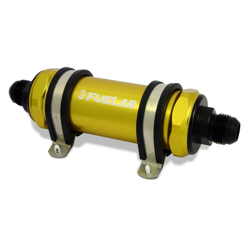 Fuelab 858 In-Line Fuel Filter Long -8AN In/Out 100 Micron Stainless w/Check Valve - Gold