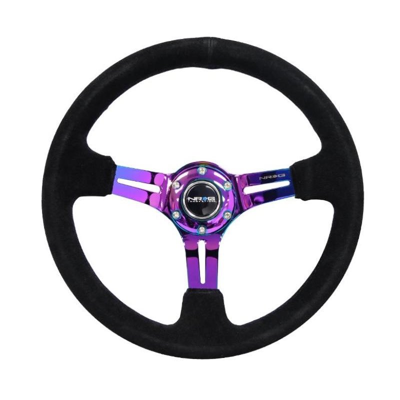 NRG Reinforced Steering Wheel (350mm / 3in. Deep) Blk Suede/Red Stitch w/Neochrome Slits