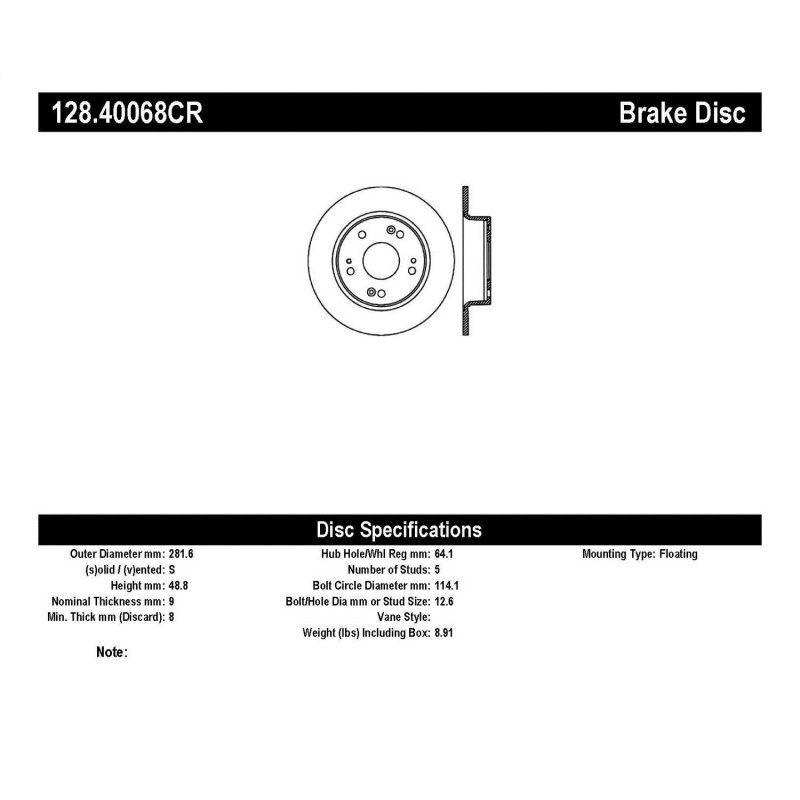 StopTech 05-17 Honda Accord / 16-17 HR-V / 09-14 Acura TSX Cryo Sport Drilled Rear Right Rotor