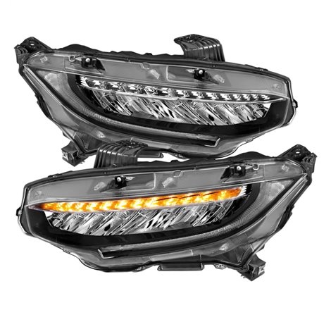 ANZO 16-17 Honda Civic Projector Headlights Plank Style Black w/Amber/Sequential Turn Signal