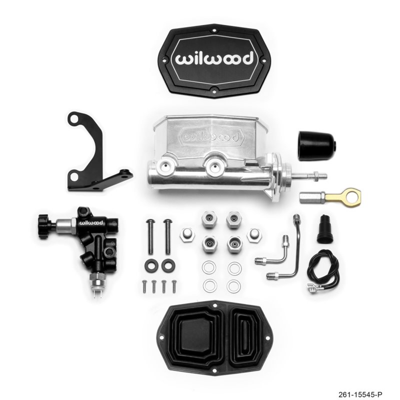 Wilwood Compact Tandem M/C - 1.12in Bore w/Bracket and Valve fits Mustang (Pushrod) - Ball Burnished