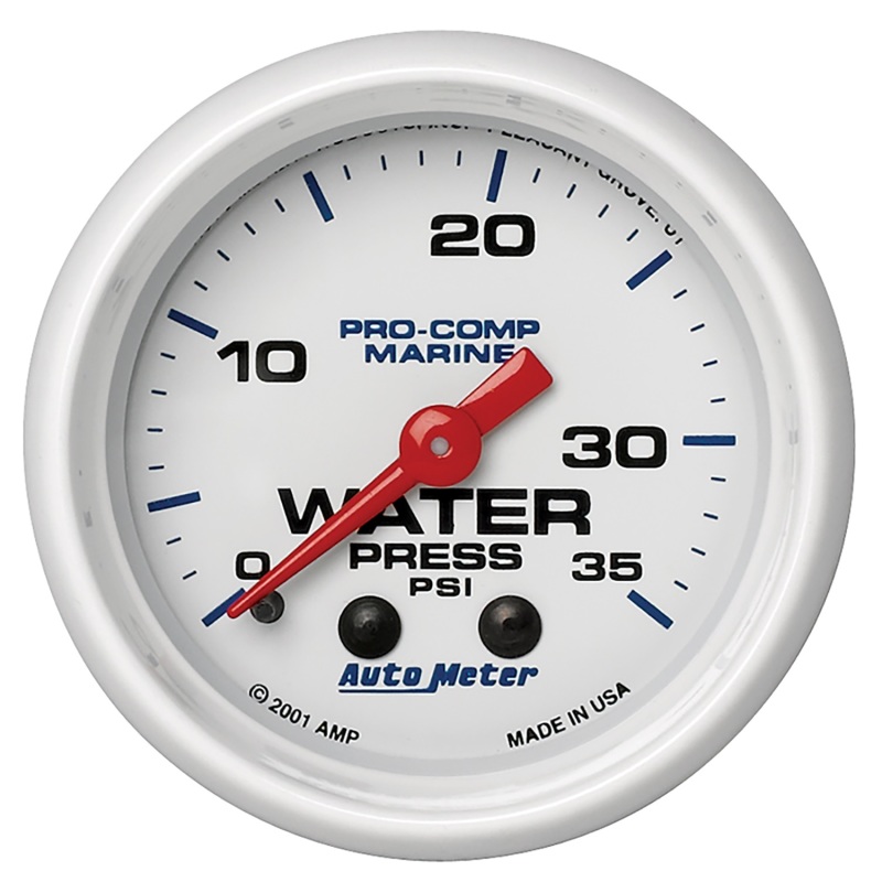 Autometer Marine White 2-1/16in 35 PSI Mechanical Water Pressure Gauge