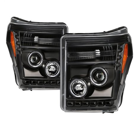 Spyder Ford Super Duty 11-16 Projector Headlights LEDHalo DRL All Black PRO-YD-FS11-HL-BKV2