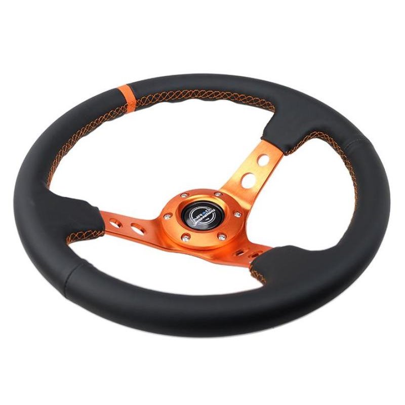 NRG Reinforce Steering Wheel (350mm / 3in. Deep) Blk Leather, Orange Center Mark w/ Orange Stitching