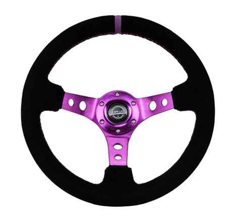 NRG Reinforced Steering Wheel (350mm / 3in. Deep) Black Suede w/Purple Center & Purple Stitching