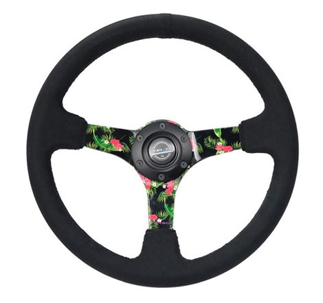 NRG Reinforced Steering Wheel (350mm / 3in. Deep) Black Suede w/ 5mm Floral 3-Spoke Center