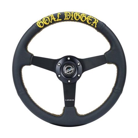 NRG Sport Steering Wheel (350mm / 1.5in Deep) Black Leather/Gold Stitch w/Matte Black Solid Spokes