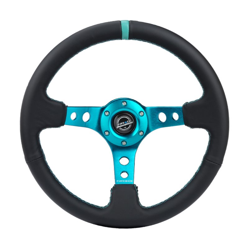 NRG Reinforce Steering Wheel (350mm / 3in. Deep) Blk Leather, Teal Center Mark w/ Teal Stitching