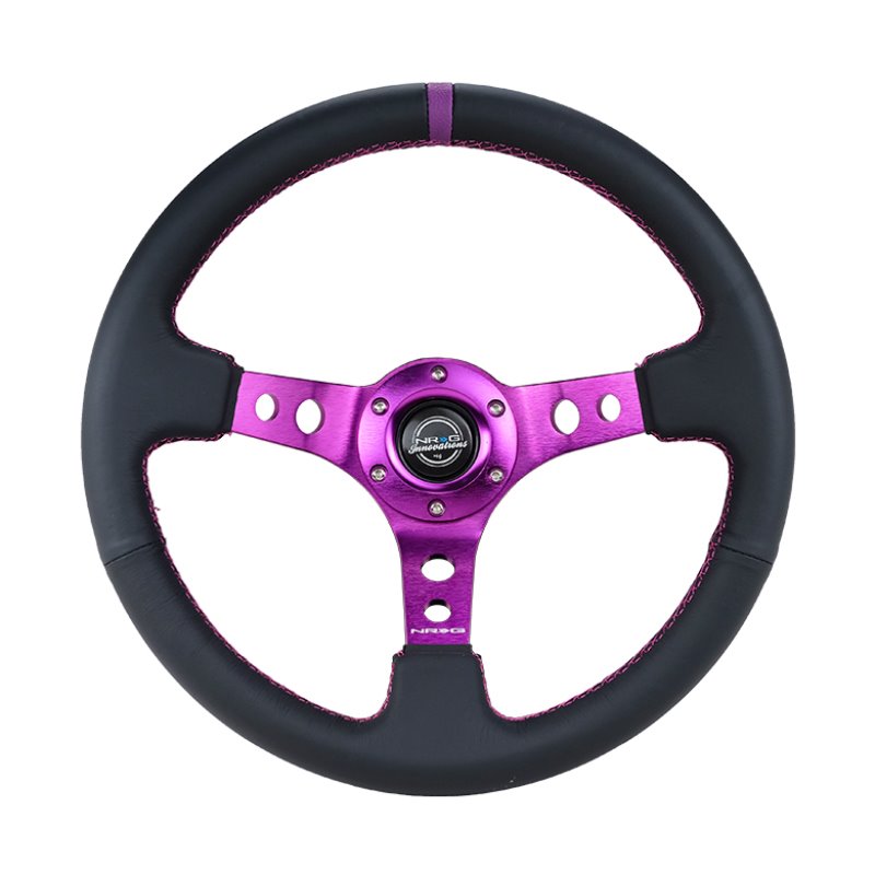 NRG Reinforced Steering Wheel (350mm / 3in. Deep) Black Leather w/Purple Center & Purple Stitching