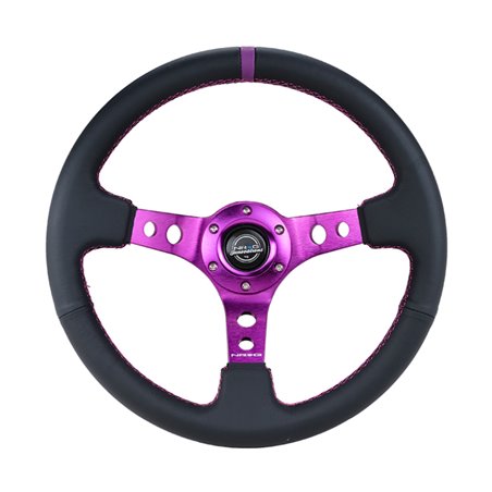 NRG Reinforced Steering Wheel (350mm / 3in. Deep) Black Leather w/Purple Center & Purple Stitching