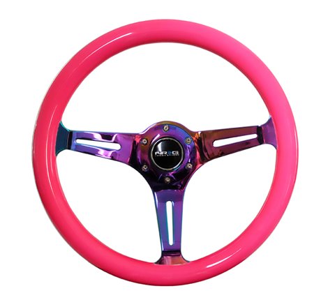 NRG Classic Wood Grain Steering Wheel (350mm) Neon Pink Painted Grip w/Neochrome 3-Spoke Center