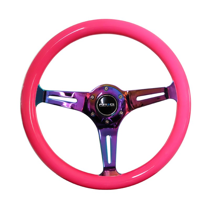 NRG Classic Wood Grain Steering Wheel (350mm) Neon Pink Painted Grip w/Neochrome 3-Spoke Center