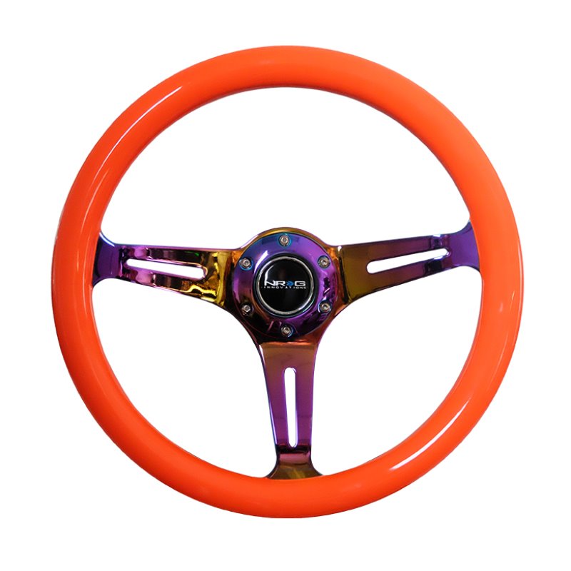 NRG Classic Wood Grain Steering Wheel (350mm) Neon Orange Color w/Neochrome Spokes