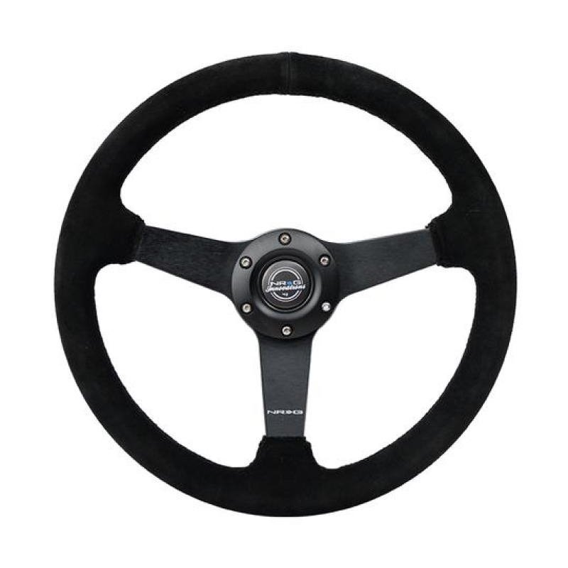 NRG Sport Steering Wheel (350mm / 1.5in Deep) Black Suede/Black Stitch w/Matte Black Solid Spokes