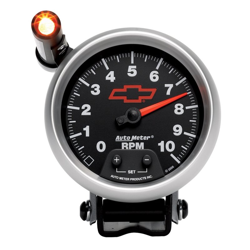 Autometer GM Red Bowtie Black 3-3/4in 0-10000 RPM Pedestal Mount Tachometer Quick-Lite