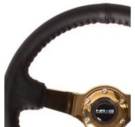 NRG Reinforced Steering Wheel (3in Deep / 4mm) 350mm Blk Leather w/Red BBall Stitch & Gold Spoke