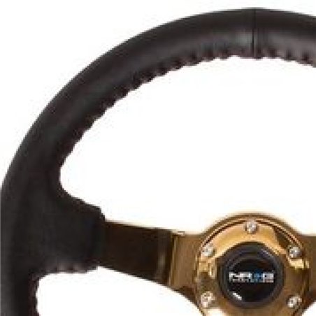 NRG Reinforced Steering Wheel (3in Deep / 4mm) 350mm Blk Leather w/Red BBall Stitch & Gold Spoke