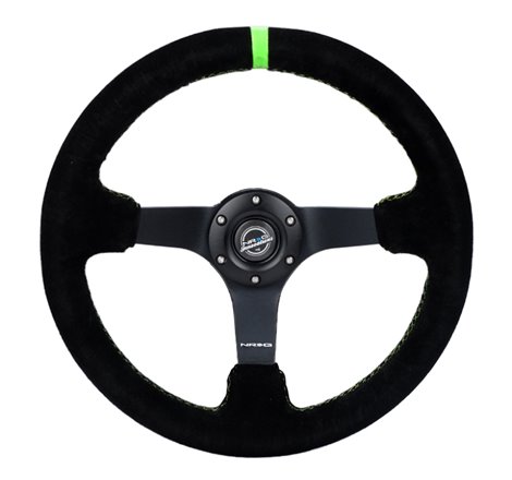 NRG Reinforced Steering Wheel 350mm/3in. Deep Blk Suede/ Neon Green Stitch w/5mm Matte Black Spoke