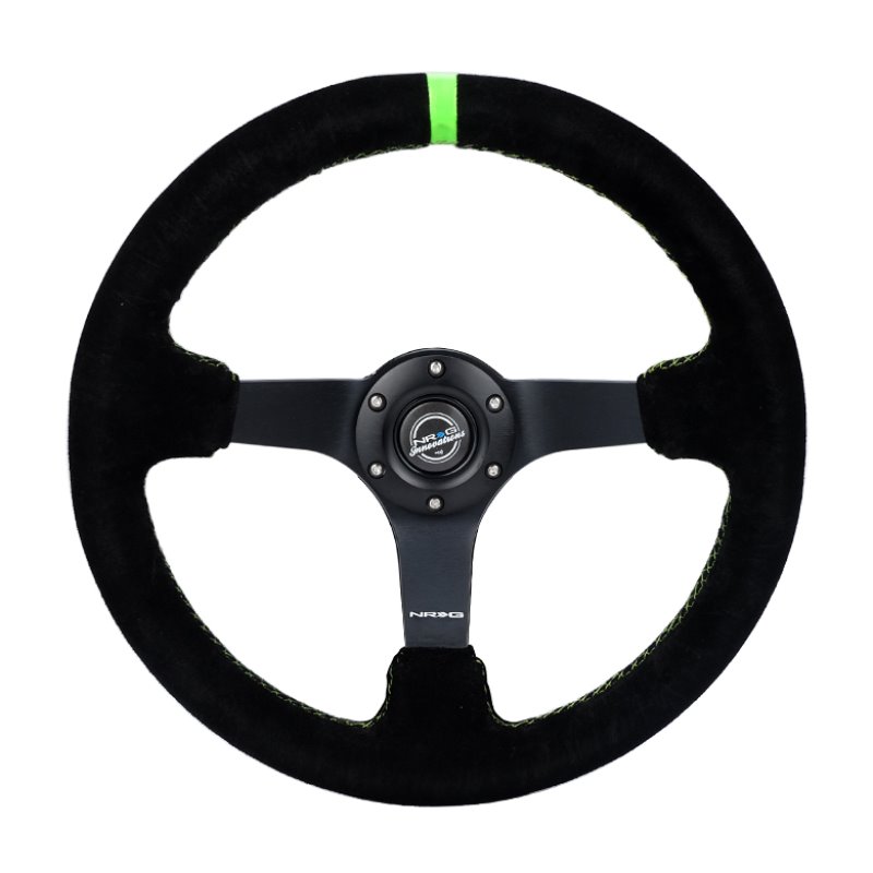 NRG Reinforced Steering Wheel 350mm/3in. Deep Blk Suede/ Neon Green Stitch w/5mm Matte Black Spoke