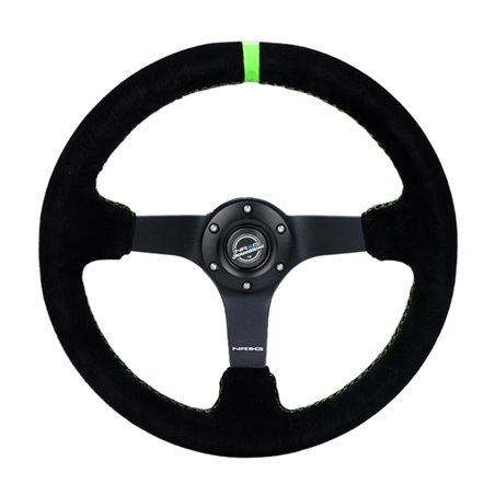 NRG Reinforced Steering Wheel 350mm/3in. Deep Blk Suede/ Neon Green Stitch w/5mm Matte Black Spoke