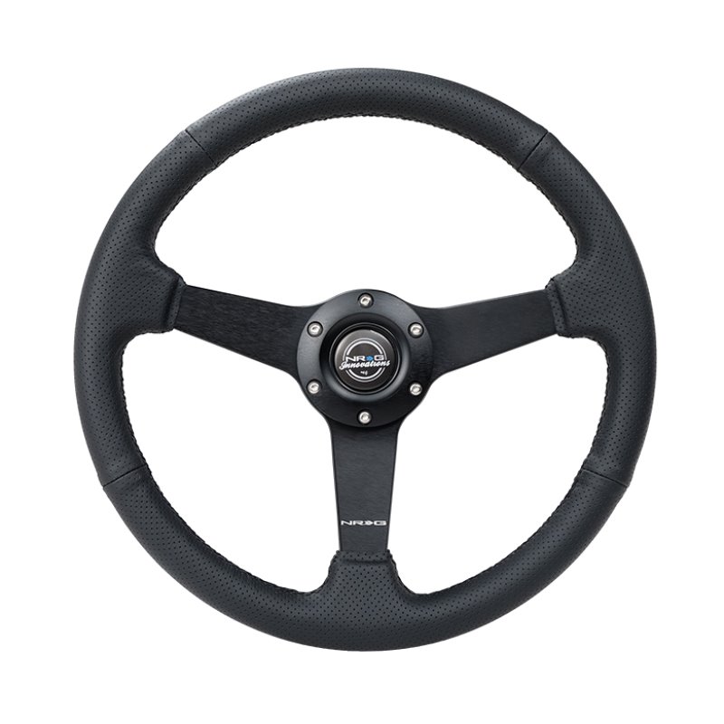 NRG Sport Steering Wheel (350mm / 1.5in Deep) Black Leather Black Stitch w/Matte Black Solid Spokes