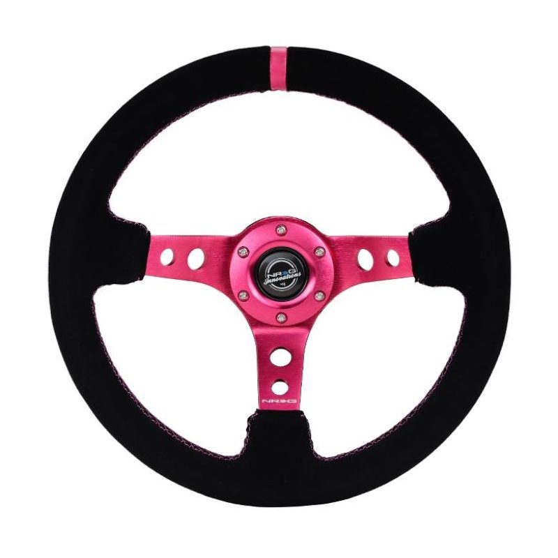 NRG Reinforced Steering Wheel (350mm/ 3in. Deep) Black Suede/ Fushia Center Mark/ Fushia Stitching