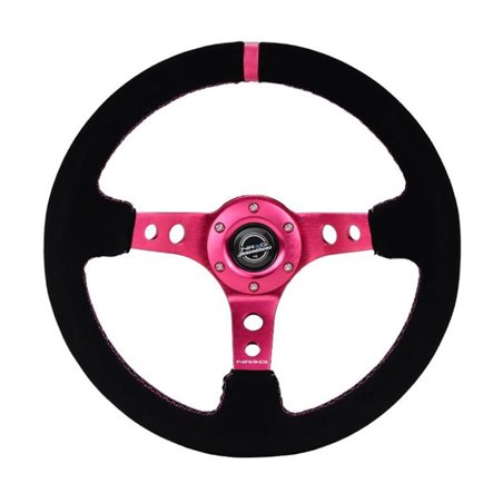 NRG Reinforced Steering Wheel (350mm/ 3in. Deep) Black Suede/ Fushia Center Mark/ Fushia Stitching