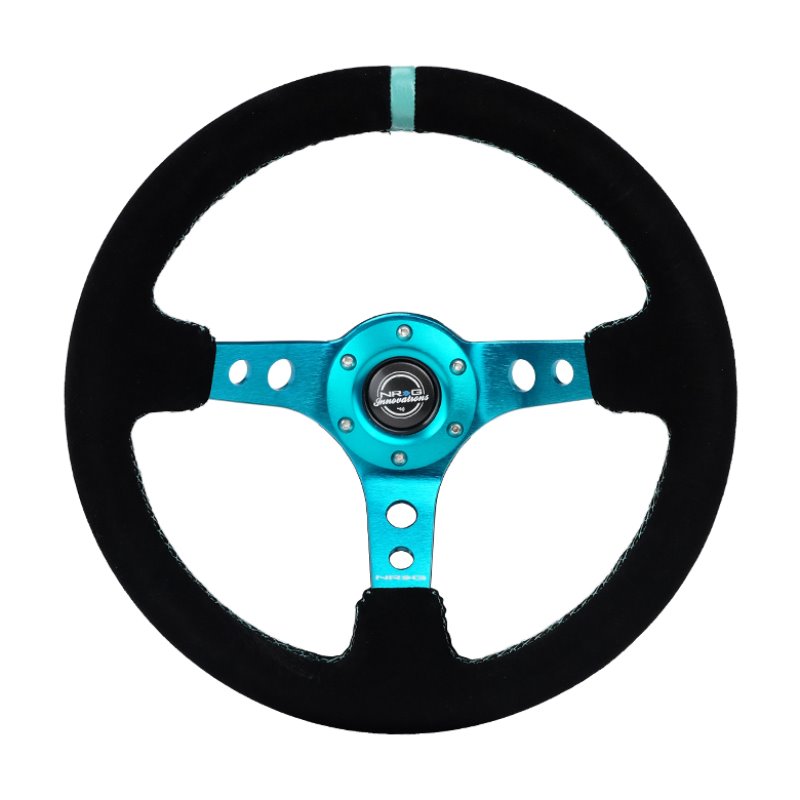 NRG Reinforced Steering Wheel (350mm/ 3in. Deep) Black Suede/ Teal Center Mark/ Teal Stitching