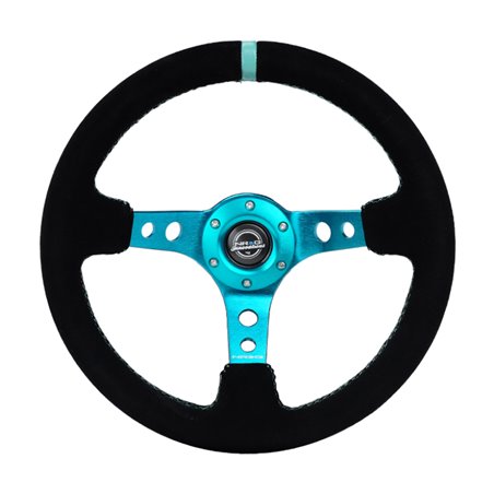 NRG Reinforced Steering Wheel (350mm/ 3in. Deep) Black Suede/ Teal Center Mark/ Teal Stitching