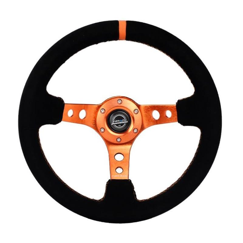 NRG Reinforced Steering Wheel (350mm/ 3in. Deep) Black Suede/ Orange Center Mark/ Orange Stitching