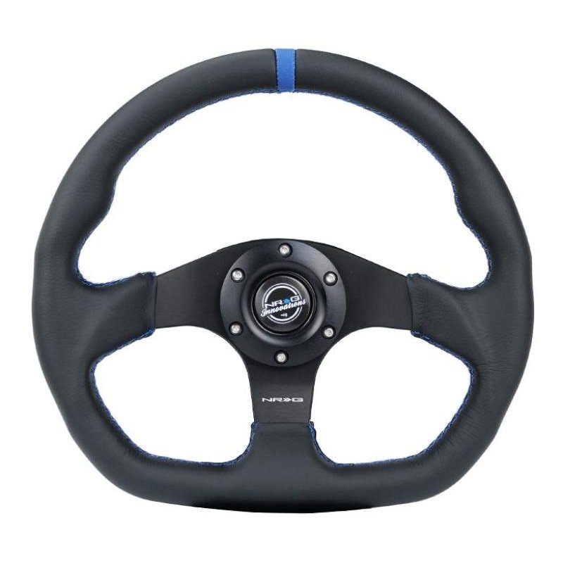 NRG Reinforced Steering Wheel (320mm) Sport Leather Flat Bottom w/ Blue Center/ Blue Stitching