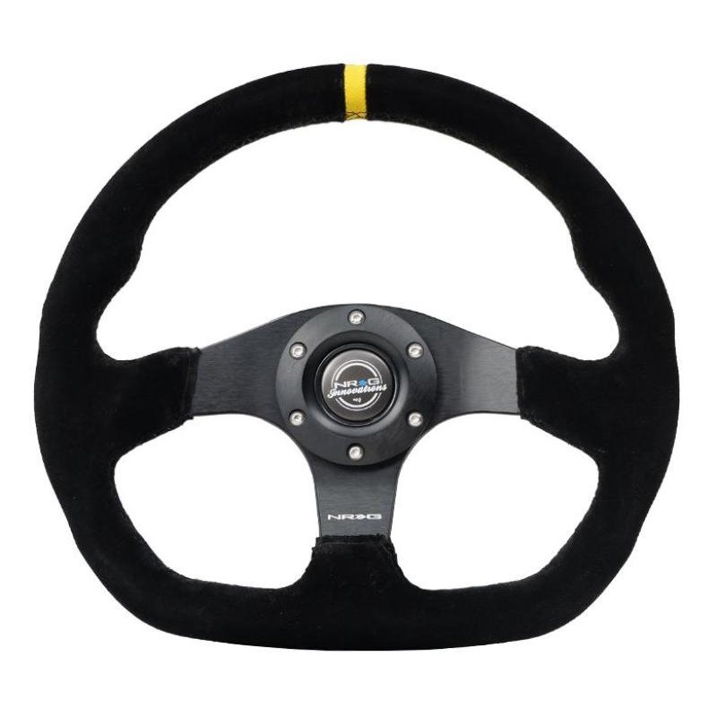 NRG Reinforced Steering Wheel (320mm) Sport Suede Dual Push Buttons Flat Bottom w/ Yellow Center