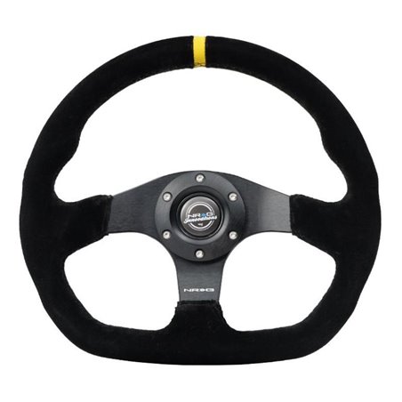 NRG Reinforced Steering Wheel (320mm) Sport Suede Dual Push Buttons Flat Bottom w/ Yellow Center