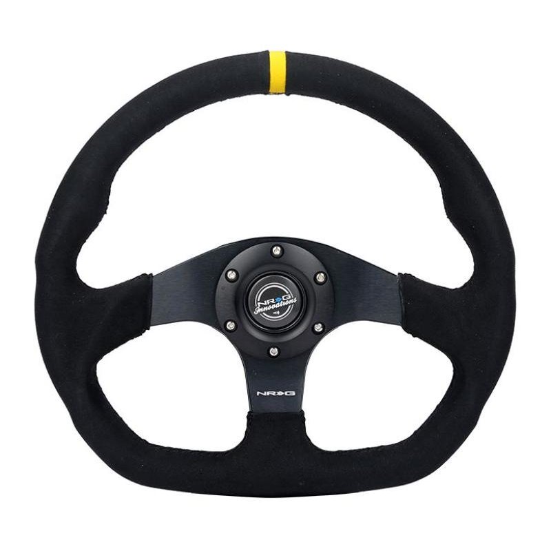 NRG Reinforced Steering Wheel (320mm) Sport Alcantara Dual Push Buttons Flat Bottom w/Yellow Center