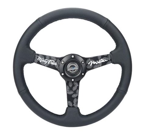 NRG Sport Steering Wheel (350mm/ 1.5in. Deep) Black Etched Spokes/ Black Leather w/ Black Stitch